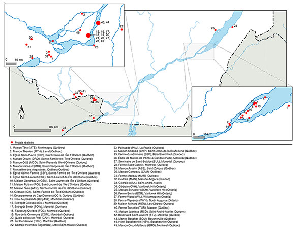 Localisation des chronologies de thuya occidental réalisées par le GRDH entre 2001 et 2014