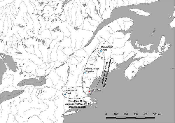 Les territoires de deux groupes paléoindiens ayant occupé le site de Bull Brook au Massachusetts