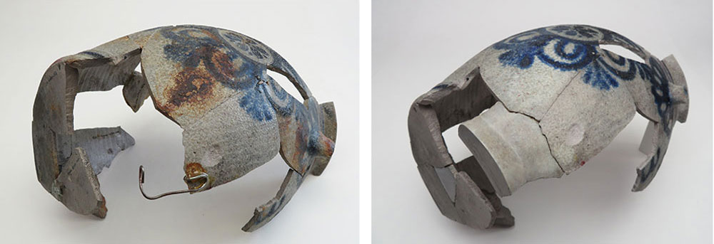 Détail du pied de l’objet avant et après restauration