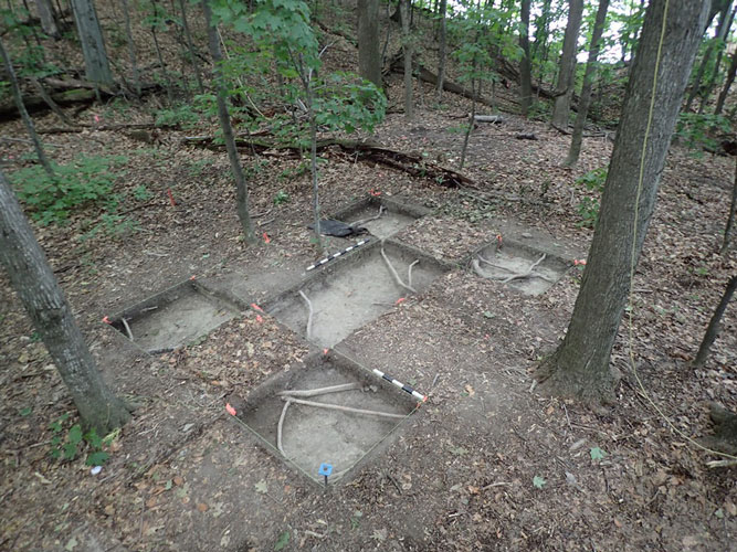 Aire fouillée en 2019 sur la station 6 de Pointe-du-Buisson (BhFl-1r) ayant révélé un foyer daté de l’Archaïque post-laurentien. 