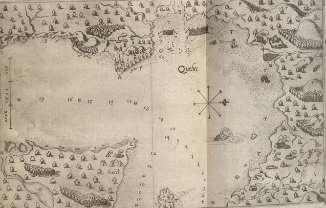 Cartographie de la région de Québec vers 1608-1612, avec représentation de l’Habitation (A).