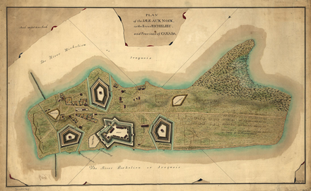 Plan des fortifications de l’Ile-aux-noix, sur la rivière Richelieu, par Thomas Waker, vers 1760.